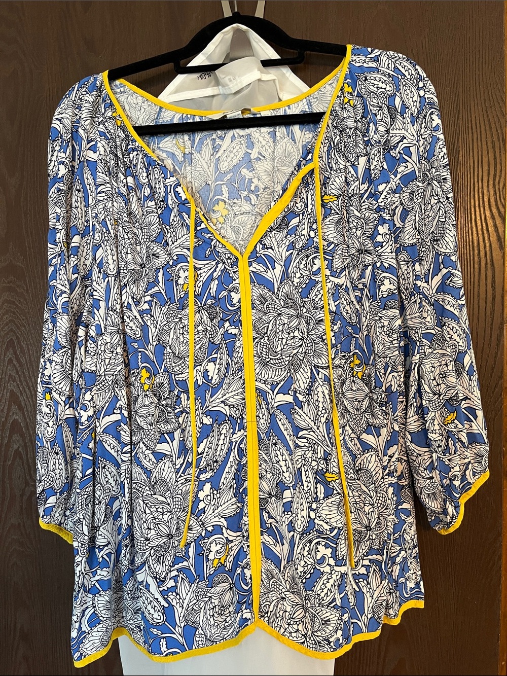 Boden Blue and Yellow Floral Tie-Front Blouse